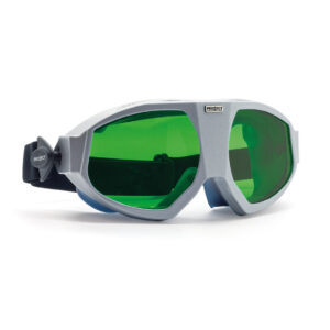 Ett par Laserskyddsglasögon Gladiator med grå båge och gröntonade linser, med justerbar svart rem och synliga märkesmärkningar på bågen.