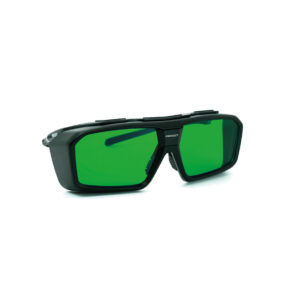 Ett par Laserskyddsglasögon Starlight Extra med gröna linser och svarta bågar.