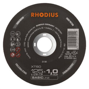 En RHODIUS KAPSKIVOR XT80 125x1,0x22,23 (50 st) märkt för användning på rostfritt stål, med måtten 125 x 1,0 mm, max 80 m/s hastighet och 12 500 rpm.