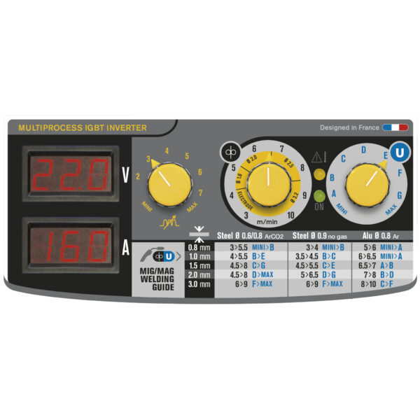 GYS EasyMig 160 XL visar spänning (220 V) och ström (160 A) inställningar, med rattar, knappar och en MIG/MAG svetsguide.
