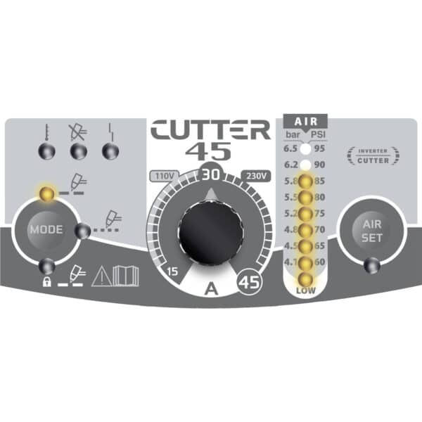 Närbild av kontrollpanelen på en GYS Plasma Cutter 45 CT-växelriktare med läge, luftinställningar och indikatorlampor för stav- och PSI-mätningar. Panelen innehåller även inställningar för strömstyrka vid 110V och 230V.