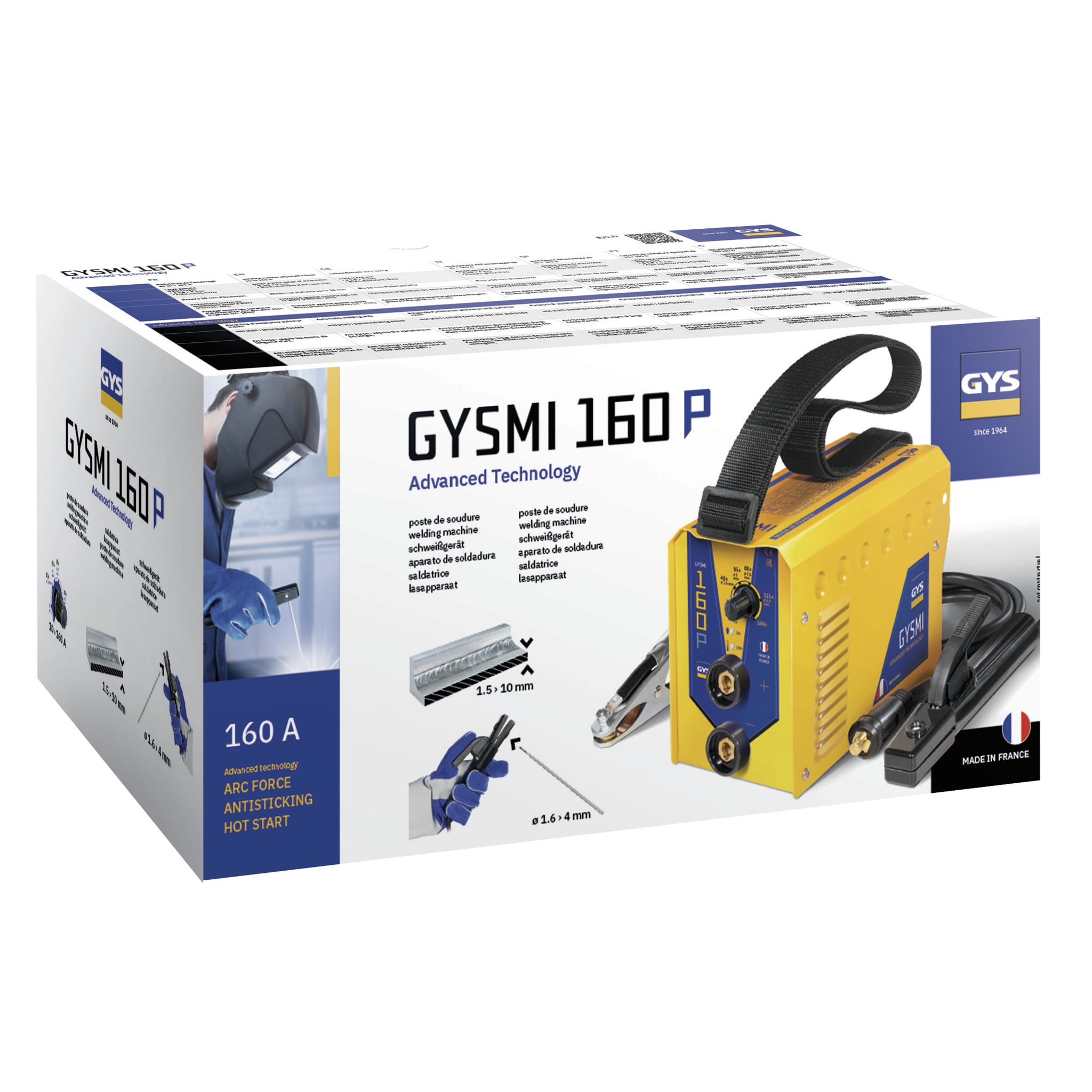 Box med GYS GYSMI 160P MMA-svets med bilder på maskinen, dess tillbehör och tekniska detaljer på förpackningen. Maskinen är gul med svarta och blå detaljer.