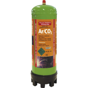 Grön svetsgasflaska märkt "Gasflaska 2,2 liter 100 bar Argon / AR/CO2, engångs" med specifikationer som gasvolym, tryck och egenskaper.