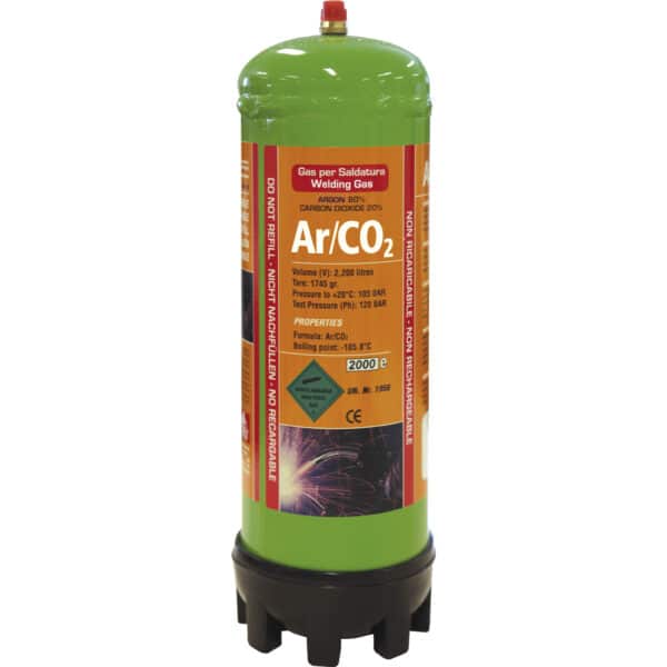 Grön svetsgasflaska märkt "Gasflaska 2,2 liter 100 bar Argon / AR/CO2, engångs" med specifikationer som gasvolym, tryck och egenskaper.