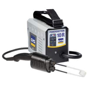 Ett grått och svart induktionsvärmeverktyg märkt "Induktionsvärmare GYS Powerduction 10R" av GYS, med spole och handtag fäst framtill.