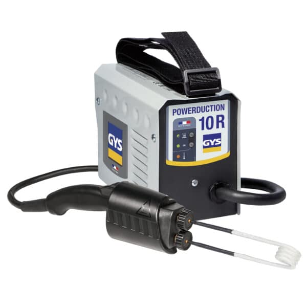 Ett grått och svart induktionsvärmeverktyg märkt "Induktionsvärmare GYS Powerduction 10R" av GYS, med spole och handtag fäst framtill.