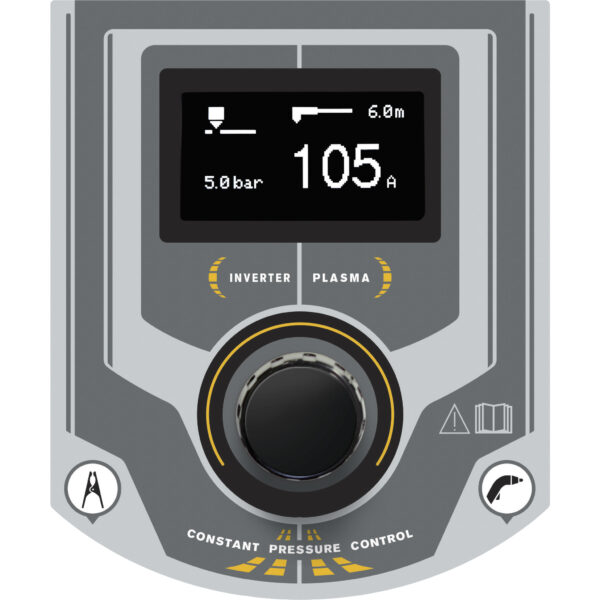 Närbild av en GYS Plasma Neocut 105 digital kontrollpanel som visar "6.0m" skärlängd, "5.0 bar" tryck och "105 A" strömstyrka, med knappar för växelriktare och plasmalägen och en central vridknapp.