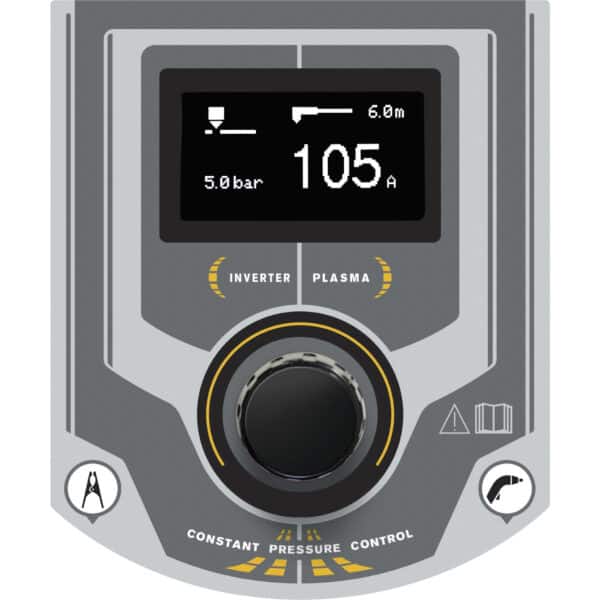 Närbild av en GYS Plasma Neocut 105 digital kontrollpanel som visar "6.0m" skärlängd, "5.0 bar" tryck och "105 A" strömstyrka, med knappar för växelriktare och plasmalägen och en central vridknapp.