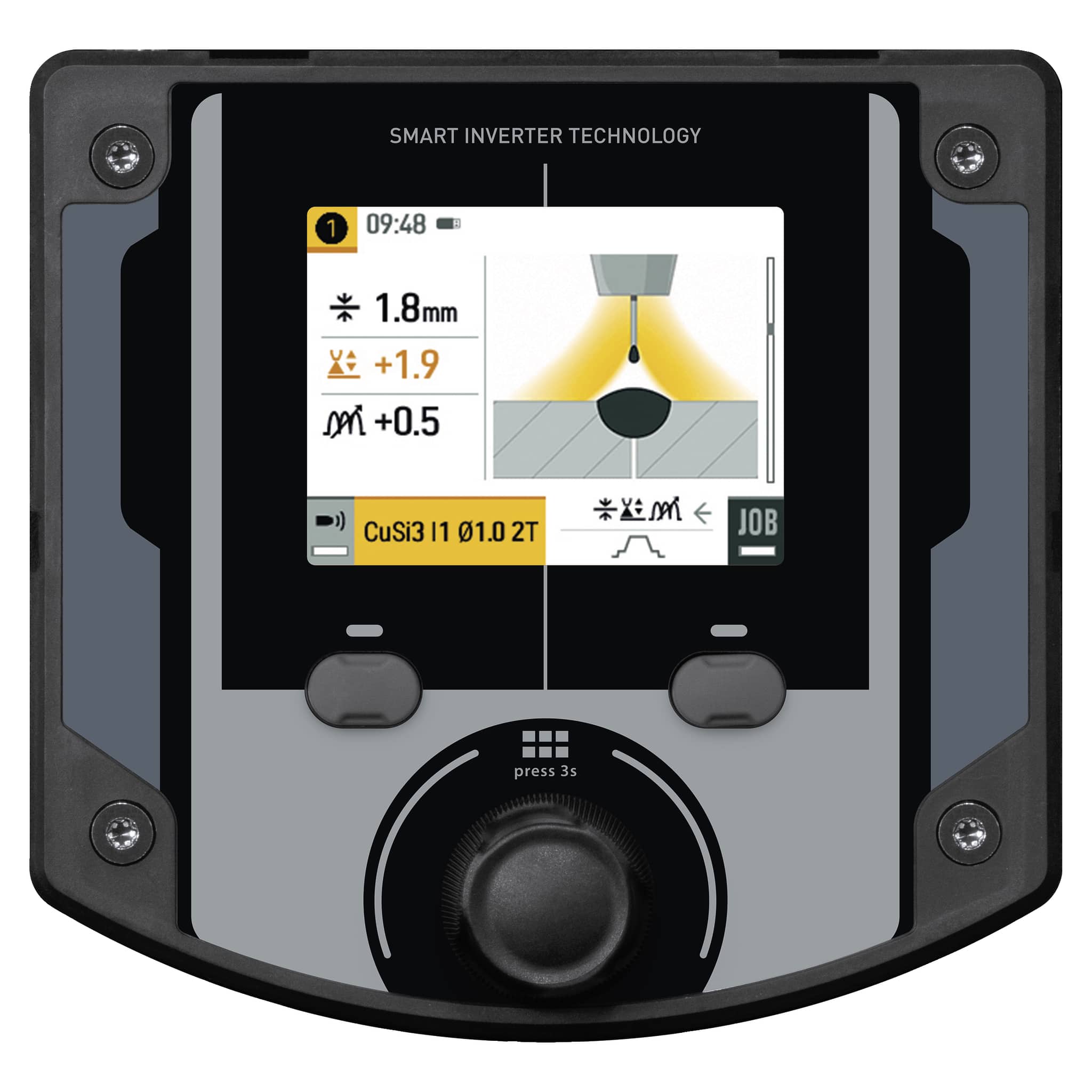 En närbild av ett GYS Kronos 250T Synergisk digitalt MIG/MAG/TIG/MMA-gränssnitt som visar svetsparametrar, inklusive spänning, trådmatningshastighet och en svetsgrafik, med kontrollrattar i botten.