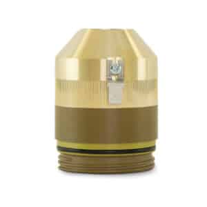 En Hypertherm original Shield Cap med IHS Tab, 130 Amp med en skruv på toppen och en gummiliknande bas, med en gängad bottensektion.