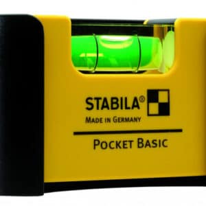 En gul och svart Fickvattenpass STABILA POCKET BASIC, tillverkad i Tyskland, med grönt vätskerör för mätning.