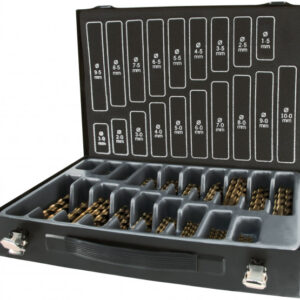 En svart låda med olika storlekar av organiserade borr, märkta för storlekar från 1,5 mm till 10 mm, med individuella fack för varje storlek BORRLÅDA 1-10 CO5 170ST RUKO TERRAX.