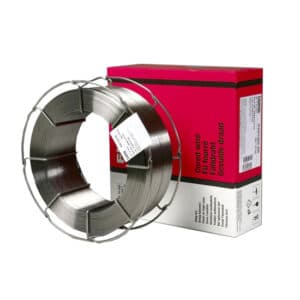 En spole Filarc PZ6113 Diam:1,4mm 16 kg svetstråd bredvid dess rosa och vita förpackningslåda.