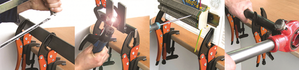 Fyrpanelsbild som visar olika användningsområden för GRIP-ON HANDSFREESET: såga ett metallrör, använda ett elverktyg, fästa en brädhylla och dra åt en rörskarv med en skiftnyckel.