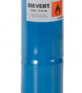 SIEVERT GASOLFLASKA FYLLD MED 0,34 KG PROPAN med mässingsbeslag och varningsetikett.