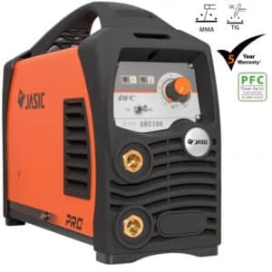 EN JASIC POWER ARC 160 PFC Wide Voltage JPA-160PFC med en orange och svart exteriör, med en MMA/TIG-funktionsomkopplare, ströminställningsratt och ingångsanslutningar; den inkluderar en 5-års garanti och PFC-certifieringsmärke.