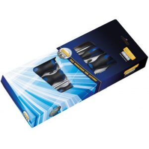 En förpackad uppsättning SKRUVMEJSEL SET 5 DELAR, Heytec svarta och blå ergonomiska handtag med förlängda magneter, visade i en blå och svart förpackning med genomskinligt skyltfönster.