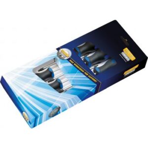 Förpackning av en SKRUVMEJSEL SET 7 DELAR TORX, HEYTEC med mörkblå och silverdesign, med bilder av verktyget på framsidan.