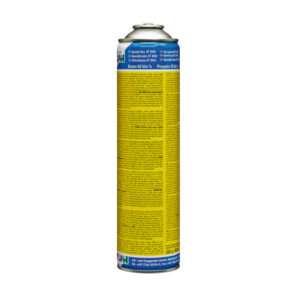 En hög, cylindrisk aerosolburk med gul etikett och blå text som innehåller detaljerad information om dess butan- och propengasinnehåll är CFH SPECIALGAS SG105 110ML.
