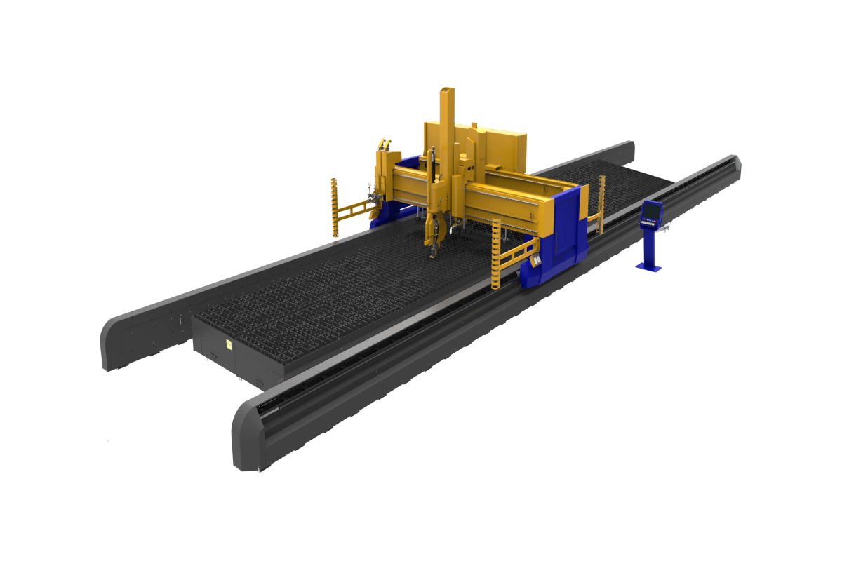 Industriell CNC plasmaskärmaskin med gula och blå komponenter på en lång, rektangulär bädd, designad för precisionsskärning av metallplåtar och andra material.