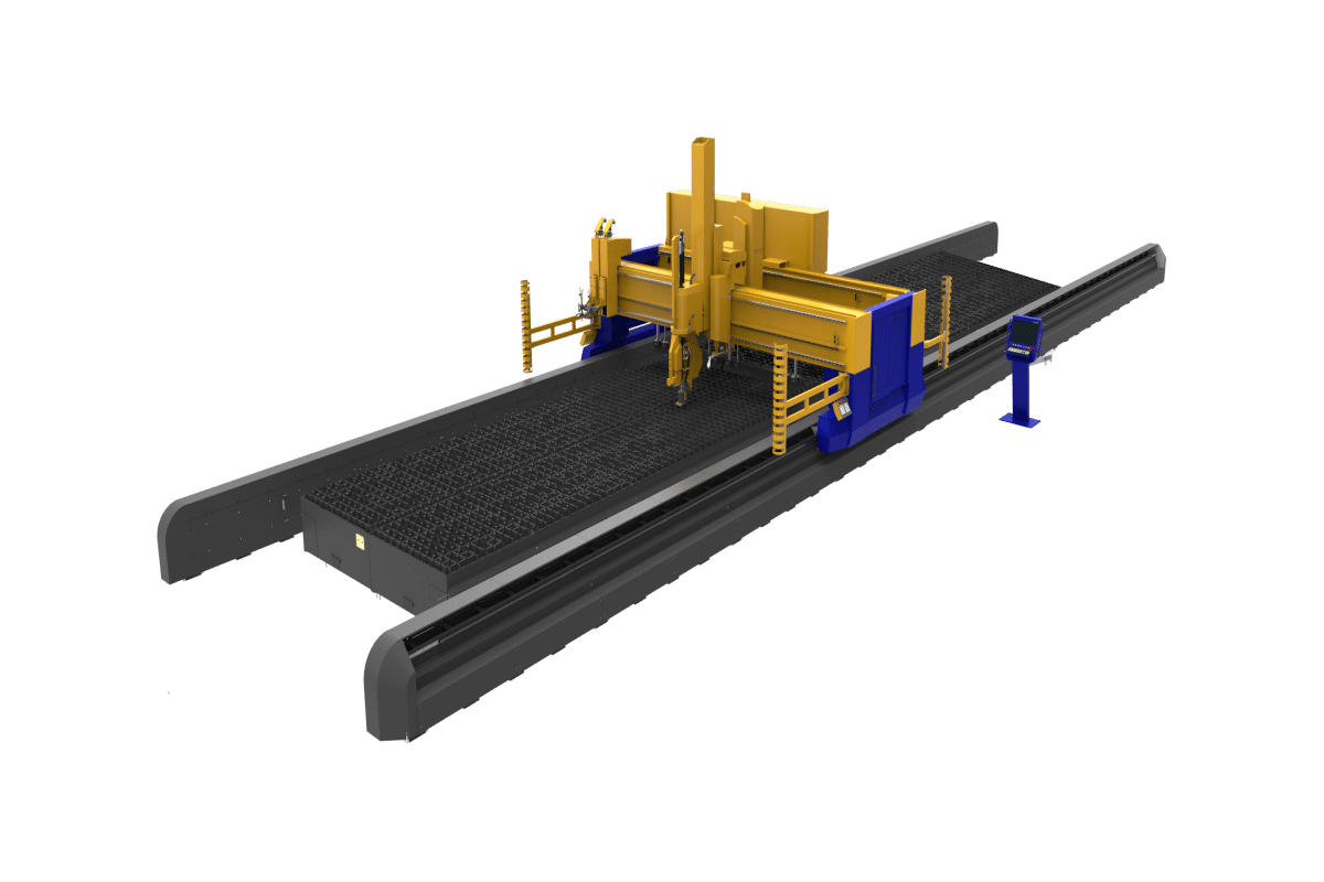 Industriell CNC plasmaskärmaskin med gula och blå komponenter på en lång, rektangulär bädd, designad för precisionsskärning av metallplåtar och andra material.