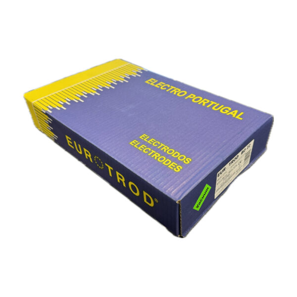 En blå och gul låda med Elektrod Eurotrod E7016 BD 22 Vakuumelektroder, märkta "Electro Portugal" med produktdetaljer synliga på sidan.