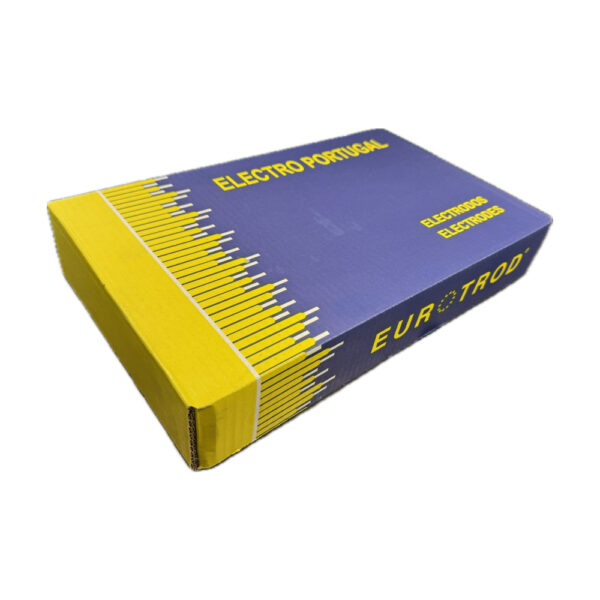 En blå och gul låda märkt "ELECTRO PORTUGAL" och "Elektrod Eurotrod E7016 BD 22 Vacuum" innehållande elektroder.