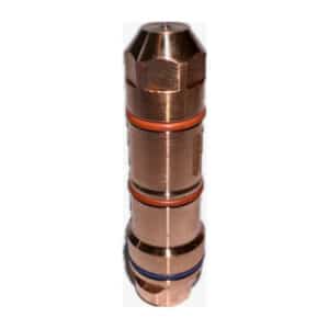 En cylindrisk metalldel med sexkantig topp och spår med orange och blå O-ringar, eventuellt en komponent för maskiner eller VVS, t ex en Elektrod till Hypertherm XPR-serien, 5-pack.