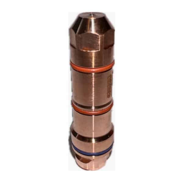 En cylindrisk metalldel med sexkantig topp och spår med orange och blå O-ringar, eventuellt en komponent för maskiner eller VVS, t ex en Elektrod till Hypertherm XPR-serien, 5-pack.
