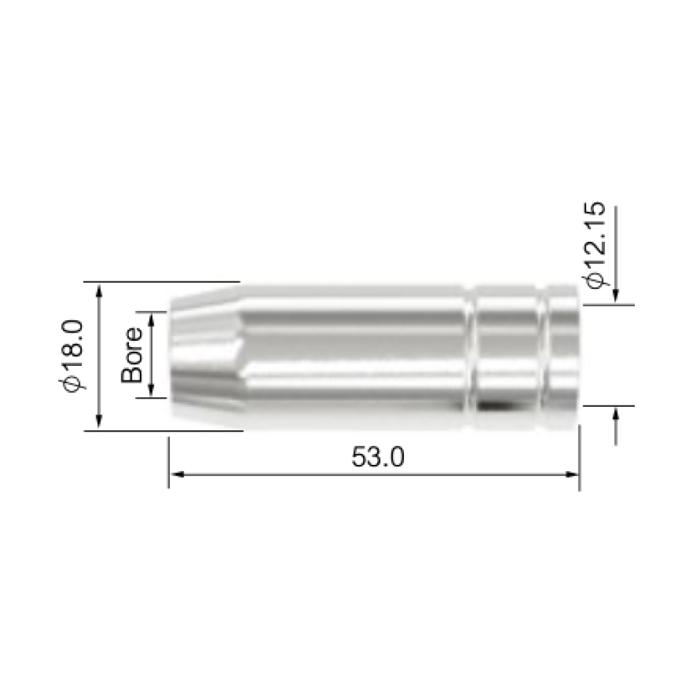 Diagram över en Gaskåpa MIG 150 A (MB15) med mått: längd 53,0 mm, diameter 18,0 mm, ytterligare en diameter 12,15 mm, märkt "borrning".