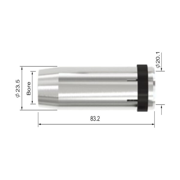 En Gaskåpa MIG 360 A (MB36) med mått: längd 83,2 mm, ytterdiameter 23,5 mm, och sekundärdiameter 20,1 mm.