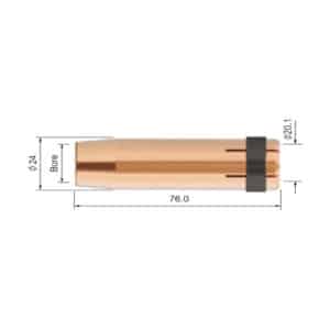 En Gaskåpa MIG 500 A (MB500) med dimensioner: 76,0 mm i längd, 24 mm i en diameter och 20,1 mm i en annan diameter, märkt med håldetaljer.