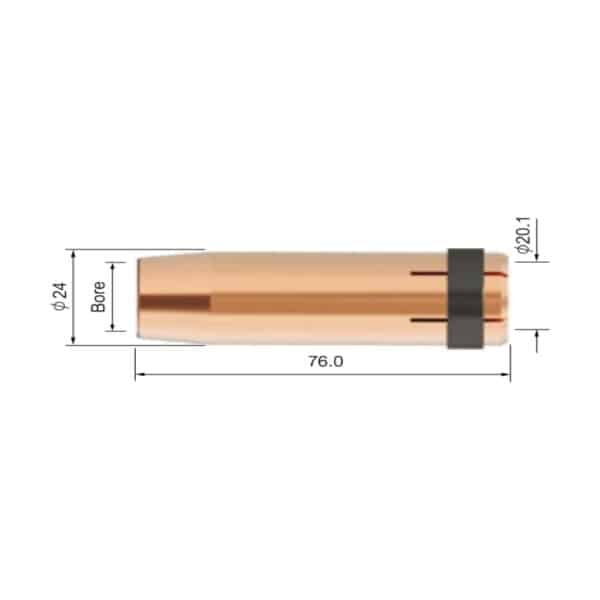 En Gaskåpa MIG 500 A (MB500) med dimensioner: 76,0 mm i längd, 24 mm i en diameter och 20,1 mm i en annan diameter, märkt med håldetaljer.