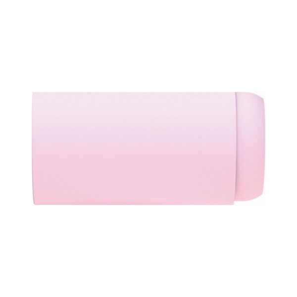 En pastellrosa cylindrisk behållare ligger horisontellt mot en vit bakgrund, med en rundad lock i ena änden — en Gaskåpa TIG-brännare Stora Linde.