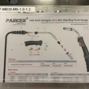 Instruktionsblad för Parker Technologys MIG Slitdelskit 360 A med M8 k-rör 1,0/1,2 Parker, som visar brännardelar, monteringsanvisningar och artikelnummer.