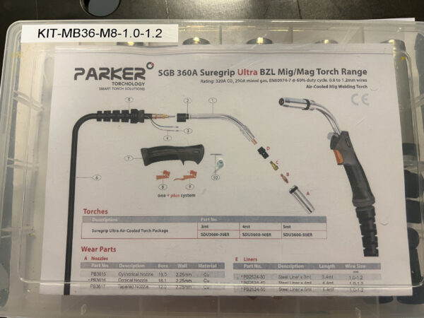 Instruktionsblad för Parker Technologys MIG Slitdelskit 360 A med M8 k-rör 1,0/1,2 Parker, som visar brännardelar, monteringsanvisningar och artikelnummer.