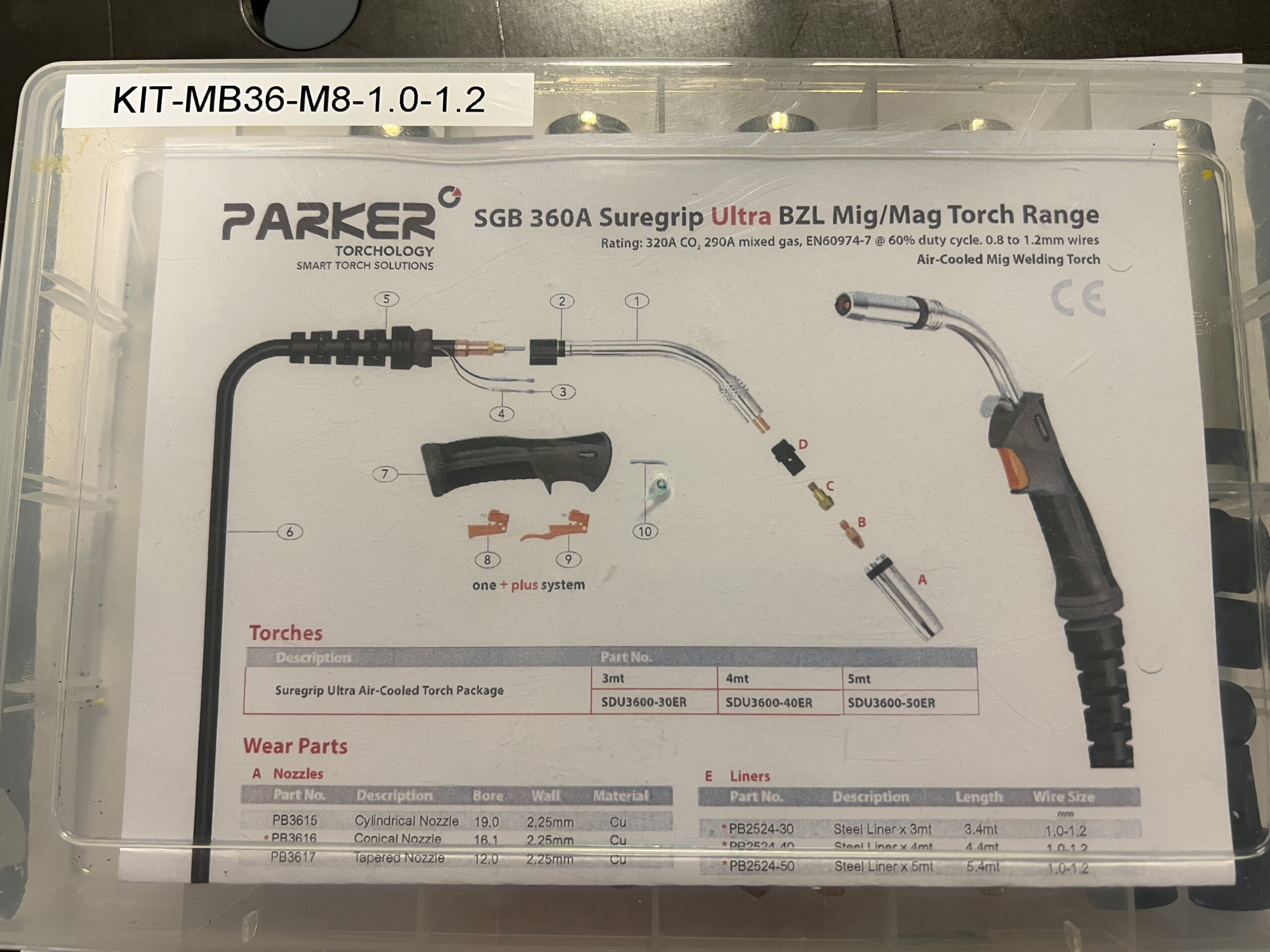 Instruktionsblad för Parker Technologys MIG Slitdelskit 360 A med M8 k-rör 1,0/1,2 Parker, som visar brännardelar, monteringsanvisningar och artikelnummer.