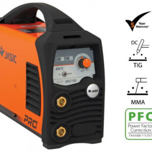 En orange och svart JASIC PRO ARC 180 PFC MMA Strömkälla JA-180PFC svetsmaskin med olika manöverrattar. Den har 5 års garanti och stöder DC-, TIG- och MMA-svetsning. Inkluderar en Power Factor Correction (PFC)-etikett.