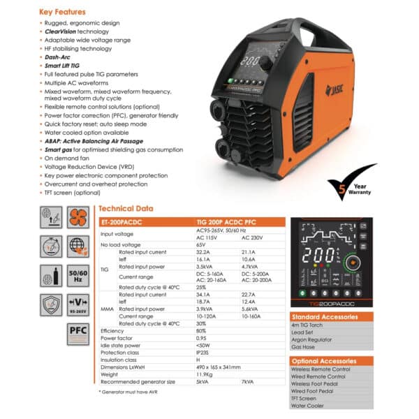 En detaljerad broschyr om JASIC EVO 2.0 TIG AC/DC PFC, som visar nyckelfunktioner, tekniska data och tillgängliga tillbehör för svetsmaskinen. Enheten har ett orange och svart hölje med en digital display.