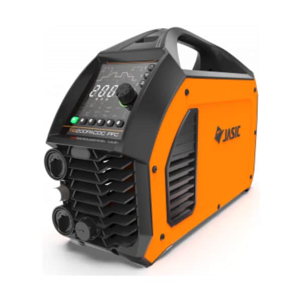 En orange och svart svetsmaskin med digital display och ratt på framsidan, märkt "JASIC EVO 2.0 TIG AC/DC PFC.
