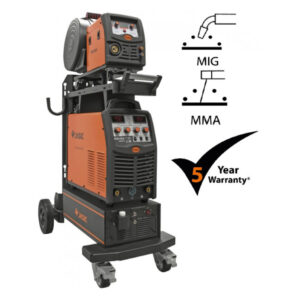 Bild av orange och svart svetsutrustning med MIG- och MMA-funktioner och en ikon för 5 års garanti visas. Produktnamn: JASIC MIG 450 Vattenkyld JM-452S-WC