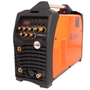 En orange JASIC TIG 200 AC/DC ANALOG svetsmaskin med olika rattar och digitala displaykontroller på frontpanelen.