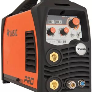 Orange och svart JASIC PRO TIG 180 JT-180 svetsmaskin med olika manöverrattar och kontakter på frontpanelen.
