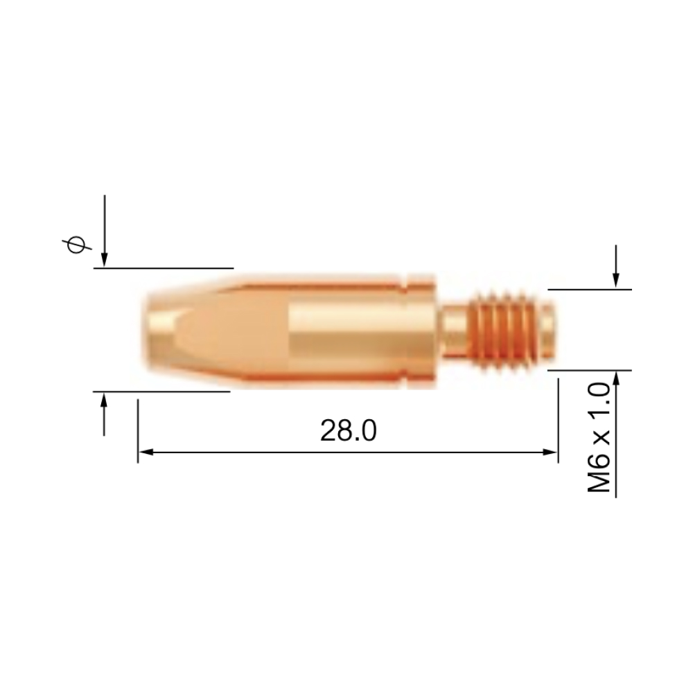 En detaljerad bild av en Kontaktrör M6 ECU med måtten 28,0 mm i längd och M6 x 1,0 mm gängor, märkt med tekniska ritningssymboler.