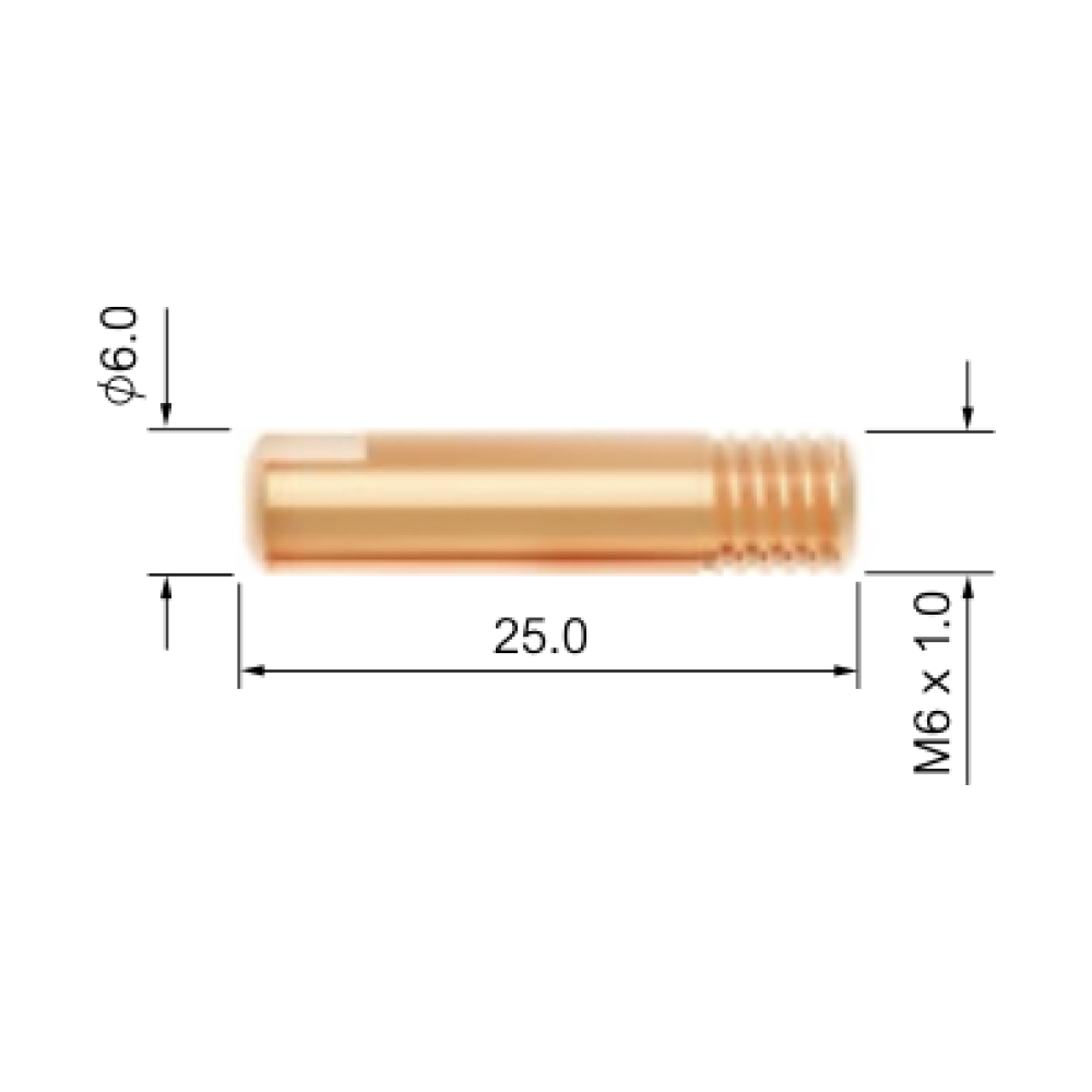 Kontaktrör M6 ECU med ena änden gängad, mäter 25 mm i längd och 6 mm i diameter. Gängningsspecifikationen är M6 x 1.0.