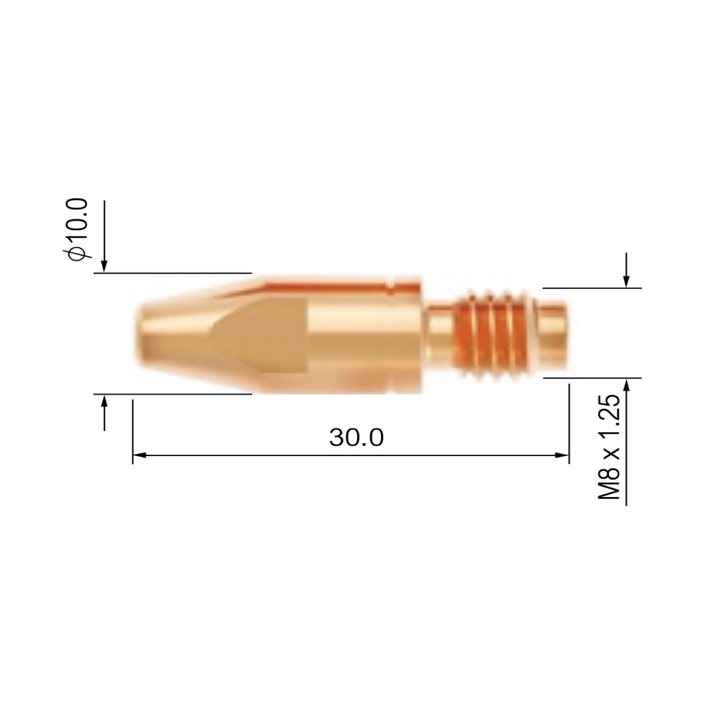 Kontaktrör M6 ECU med gängad ände. Märkta mått: 30,0 mm längd, 10,0 mm diameter och M8 x 1,25 gänga.