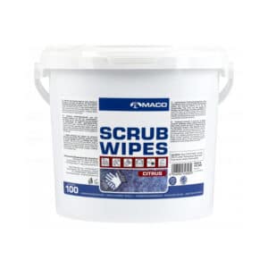En vit behållare märkt "MACO SCRUB WIPES CITRUS BLÅ 100ST" av Smaco. Behållaren rymmer 100 citrusdoftande handrengöringshanddukar.
