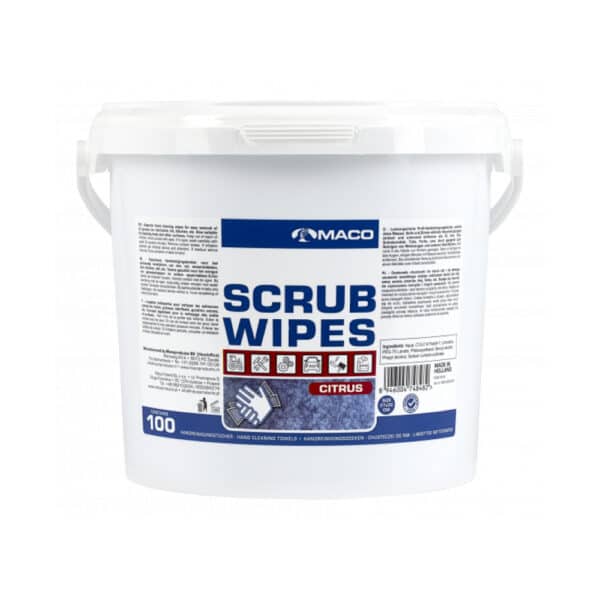 En vit behållare märkt "MACO SCRUB WIPES CITRUS BLÅ 100ST" av Smaco. Behållaren rymmer 100 citrusdoftande handrengöringshanddukar.