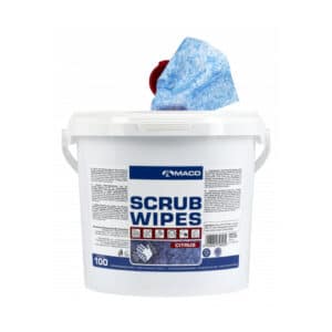 En vit behållare märkt "MACO SCRUB WIPES CITRUS BLÅ 100ST" med ett runt lock och blå rengöringsservetter som sticker ut från öppningen. Behållaren visar produktinformation och varumärket "Amaco".