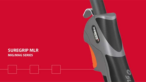 En närbild av ett Suregrip MLR MIG/MAG svetsbrännarhandtag mot en röd bakgrund. Märket 'Parker' är synligt på handtaget. Texten till vänster lyder "SUREGRIP MLR MIG/MAG SERIES.